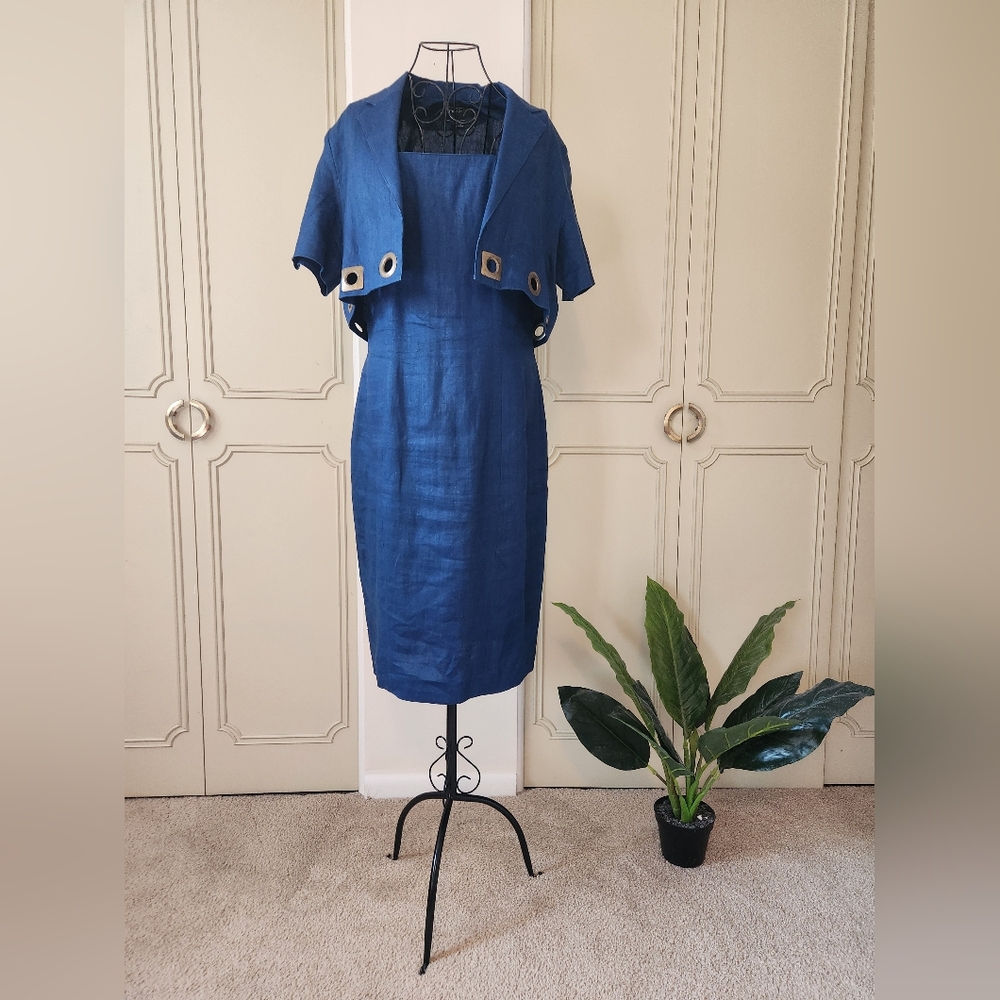 Vintage Andrea Jovine Rich Blue Linen Dress And Jacket Set